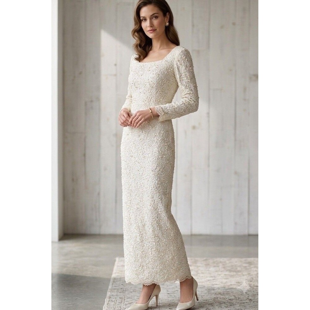 Vintage Alfredo Angelo Discontinued Beaded Floral Lace Wedding Dress Long Sleeve